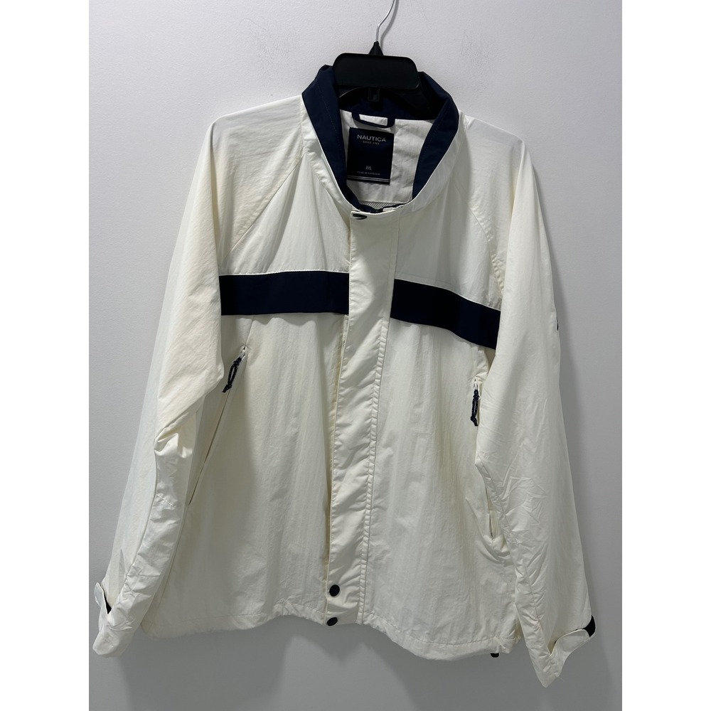 Nautica Mens XXL Windbreaker Jacket White Navy Mesh Lined Full Zip Lightweight